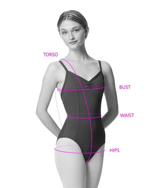 Woman showing where to measure the chest, waist, hips, and torso