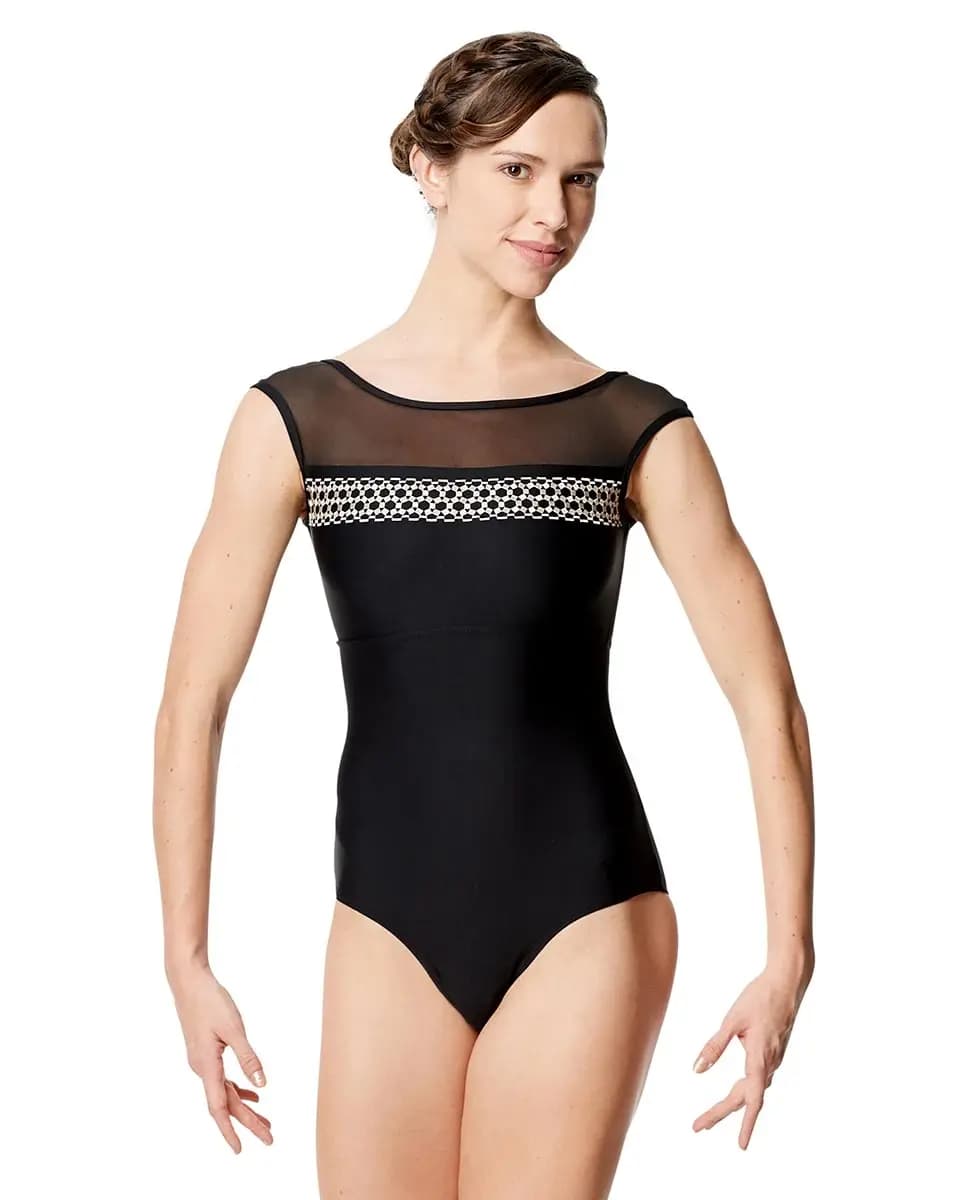 Women Embroidered Mesh Cap Sleeve Leotard Edeli