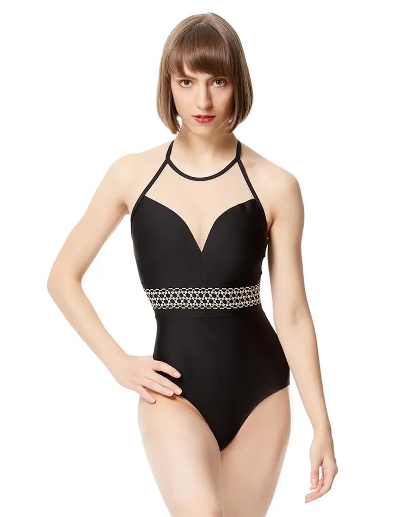 Women Embroidered Mesh Halter Neck Leotard Nana