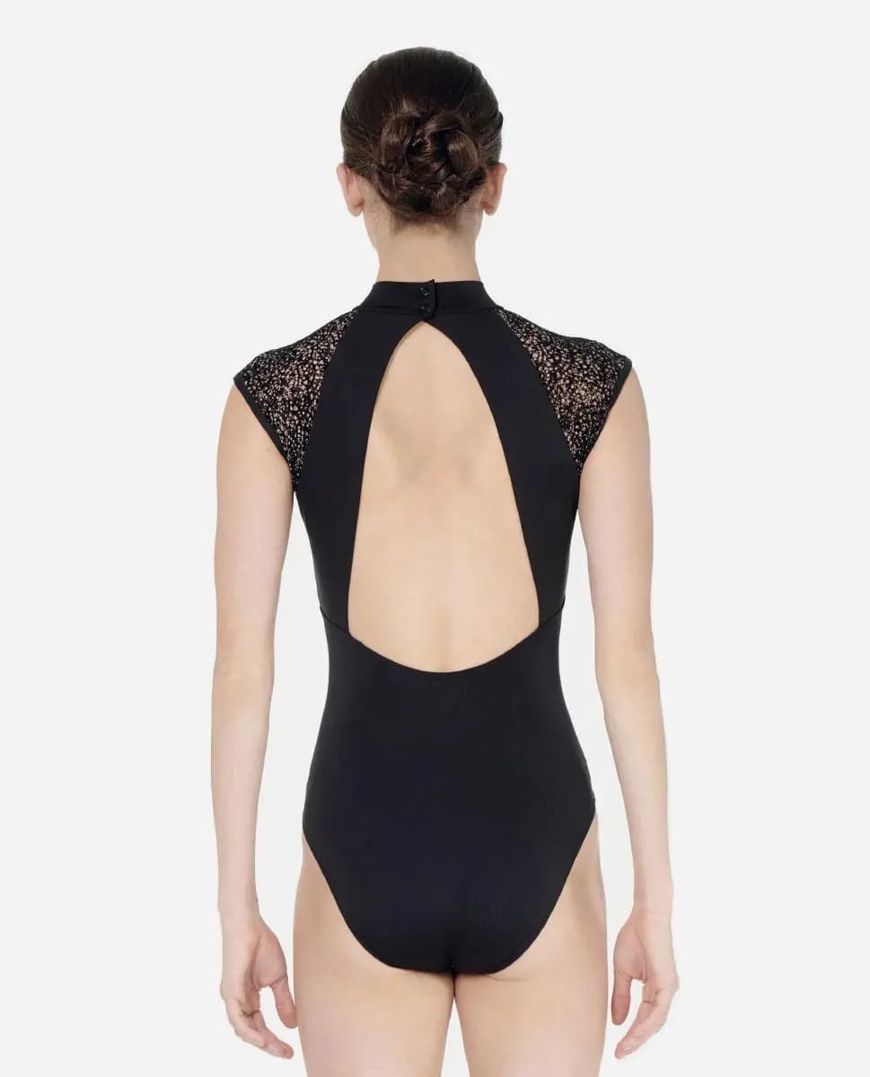 Girls Mock Neck Flocked Mesh Leotard Leona